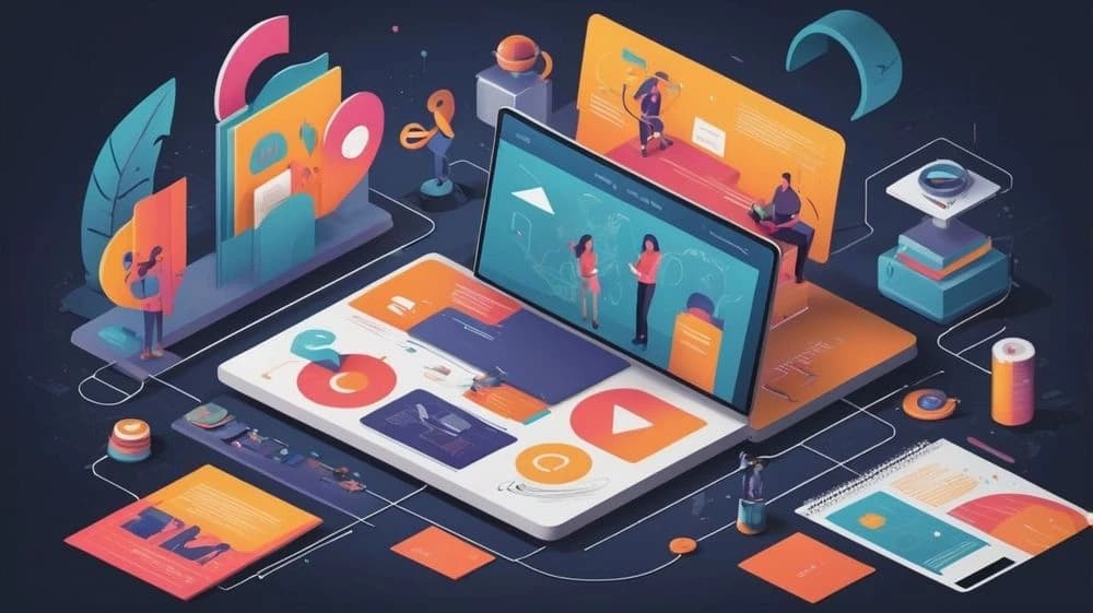 Isometric illustration of a laptop surrounded by various digital elements, charts, and small figures.