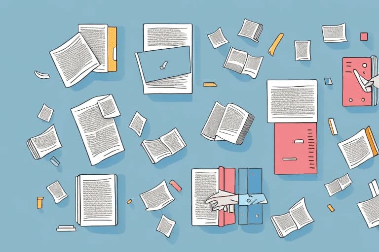 Overhead view of scattered documents, open books, folders, and a hand reaching for a document.