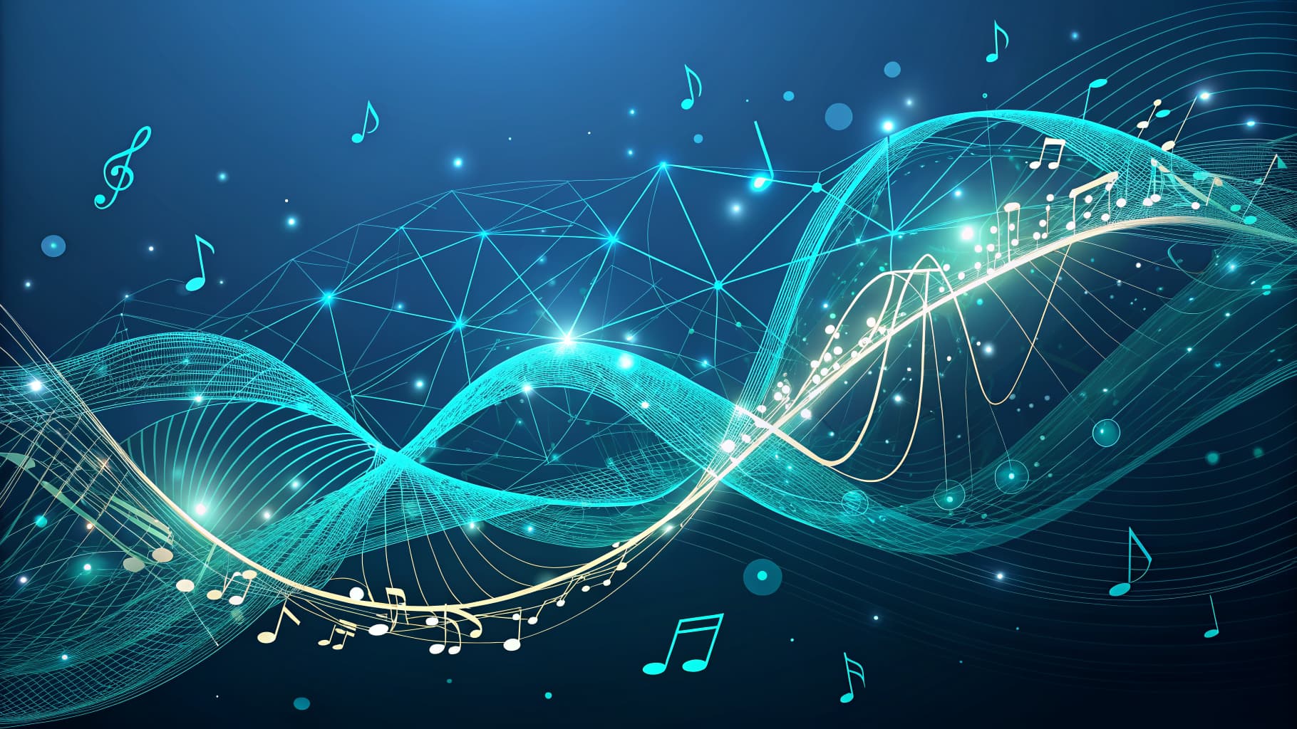 Abstract blue background with glowing musical notes, wavy lines, and a connected network of dots.