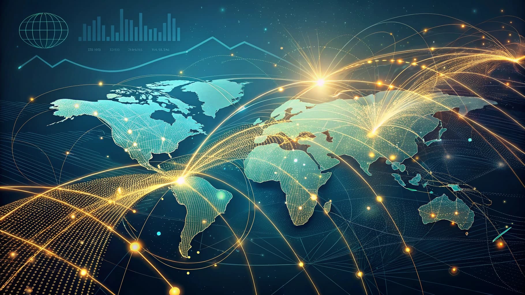 Digital map of the world with glowing lines connecting major cities, representing global data flow and connectivity.