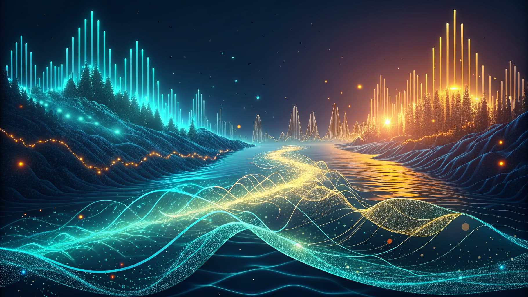 Abstract landscape with glowing blue and orange light bars above dark hills, a river, and undulating light waves.