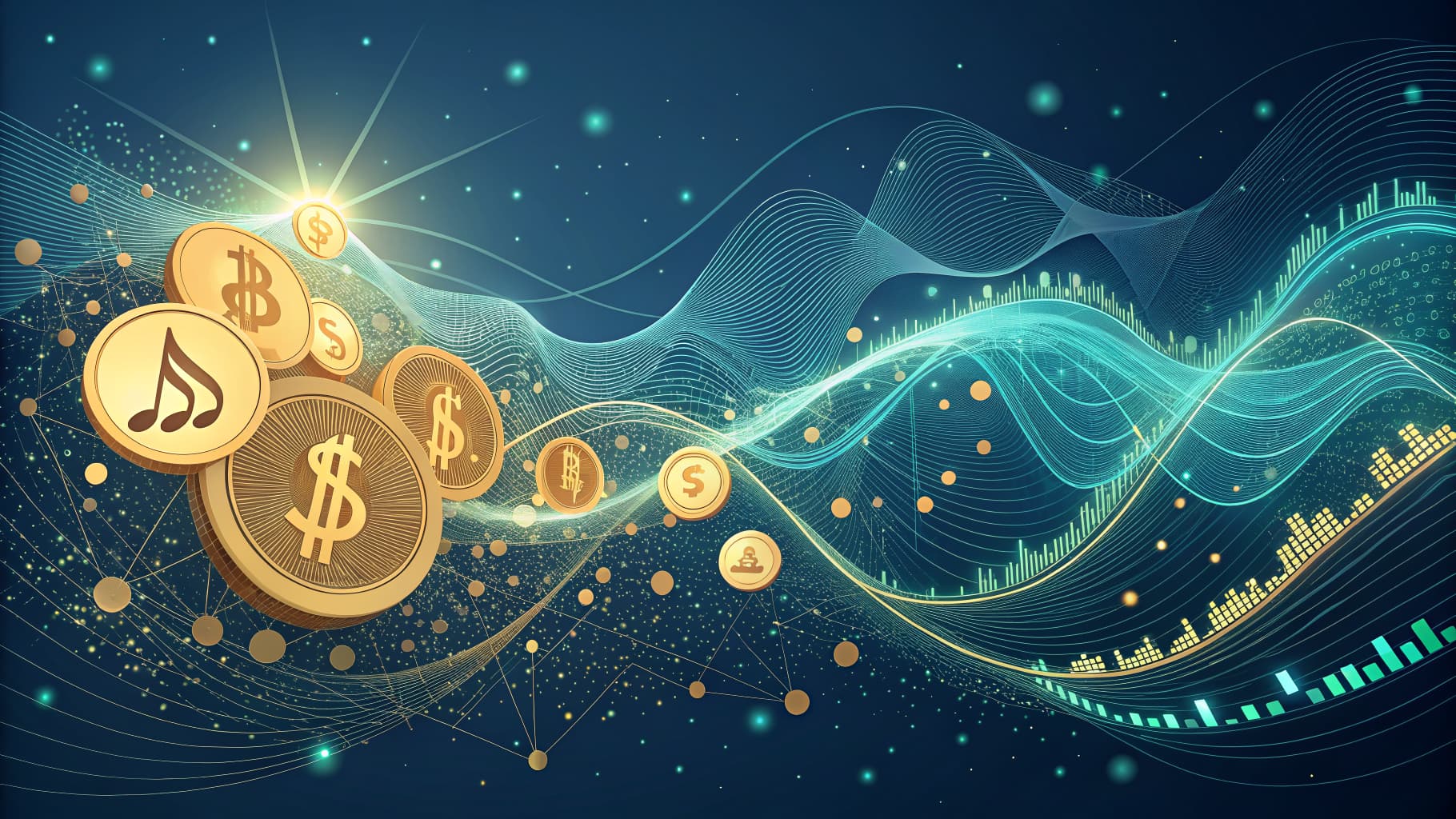 Golden coins with various symbols on a dark blue background with glowing lines and bar graphs.