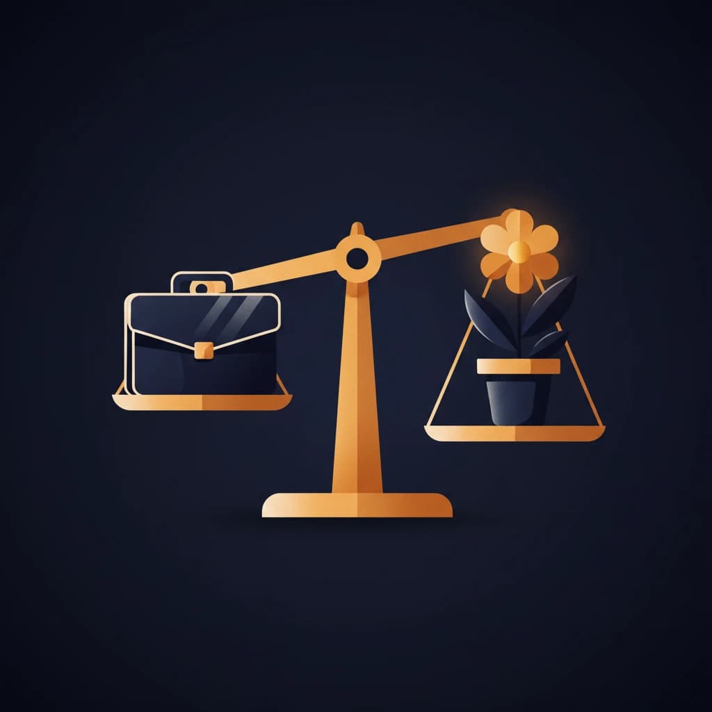 Golden scales balancing a black briefcase on the left and a potted plant with a glowing flower on the right.